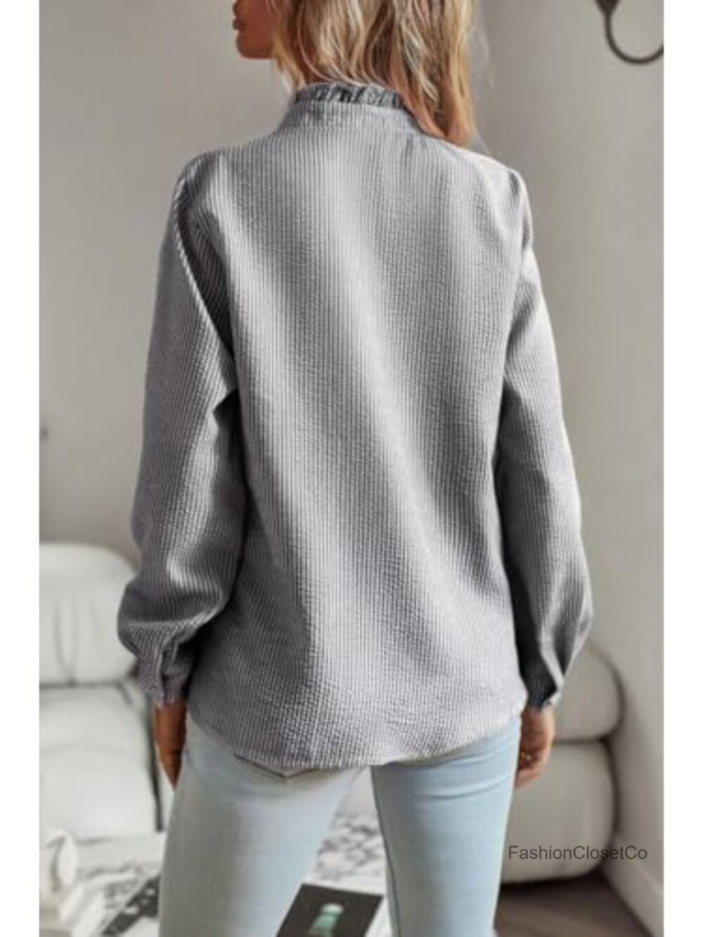 Ruffle Trim Button Up Long Sleeve Blouse Mock Neck Work Shirt - Picture 5 of 6